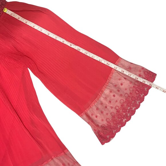 Solitaire Red Lace Boho Peasant Blouse Women’s Sz S Tunic 3/4 Sleeve Tassel Tie - Picture 8 of 11